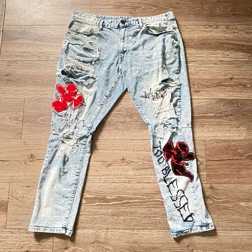 Smoke Rise Distressed Too Blessed Cupid Jeans Men Sz 40x32 Slim Fit